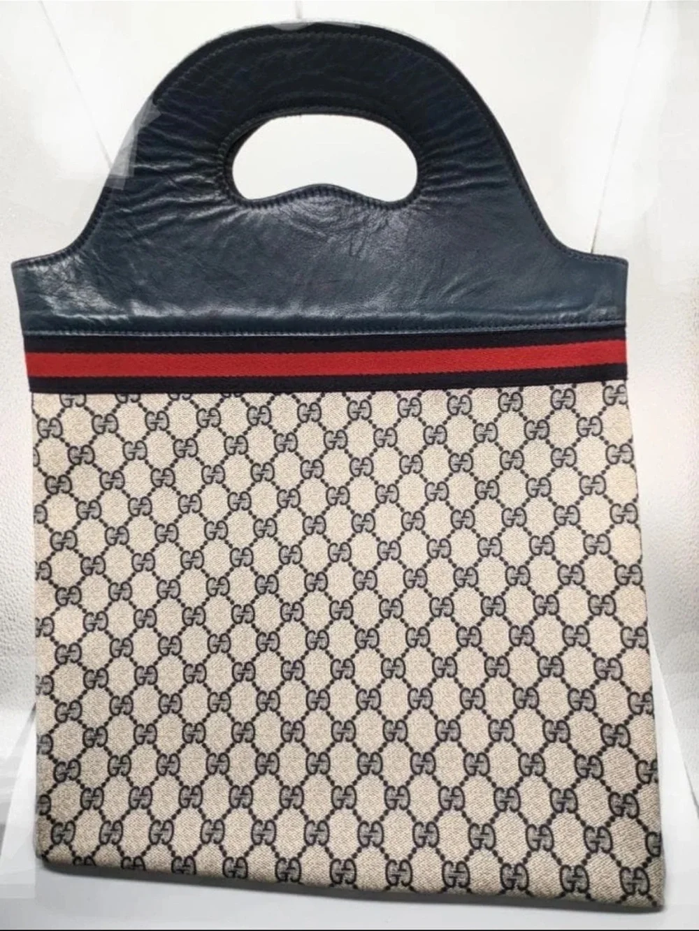 Gucci Beige GG Canvas Tote with Navy Leather and Red Stripe